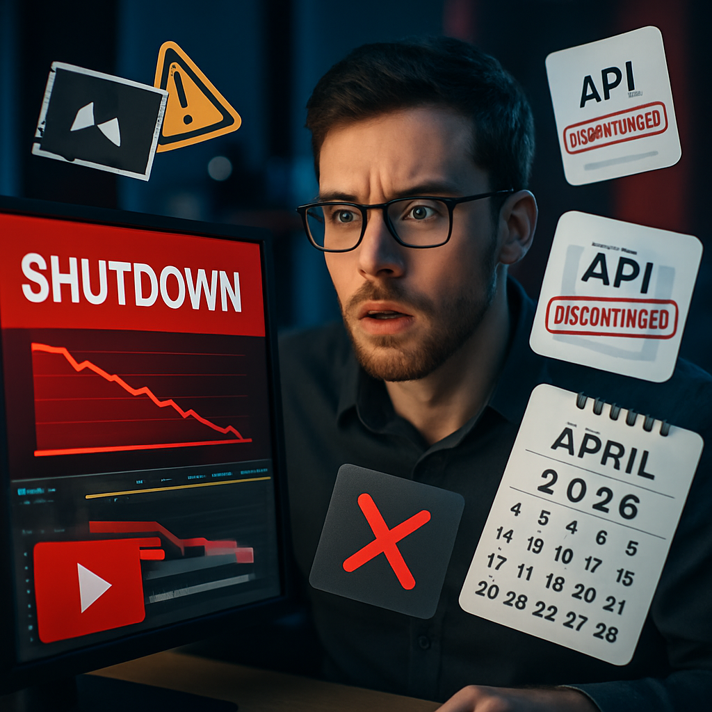 Video editor with concerned expression looking at computer showing Sora discontinuation notice, surrounded by broken video frames and warning icons, representing the shutdown of OpenAI's Sora text-to-video platform.